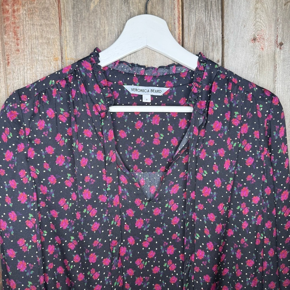 Veronica Beard Louama Tie Neck Dark Floral Blouse size 2 - Picture 5 of 14